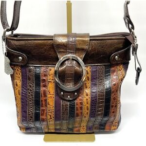 M.C. Marc Chantal Brown Embossed Faux Leather Satchel Purse Shoulder Crossbody‎